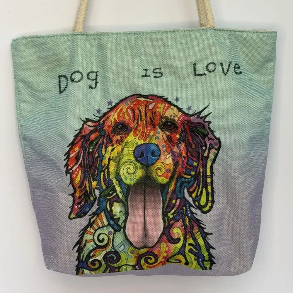 Dean Russo Dog Is Love Jute Tote Bag Colorful Golden Retriever Pop Art 17
